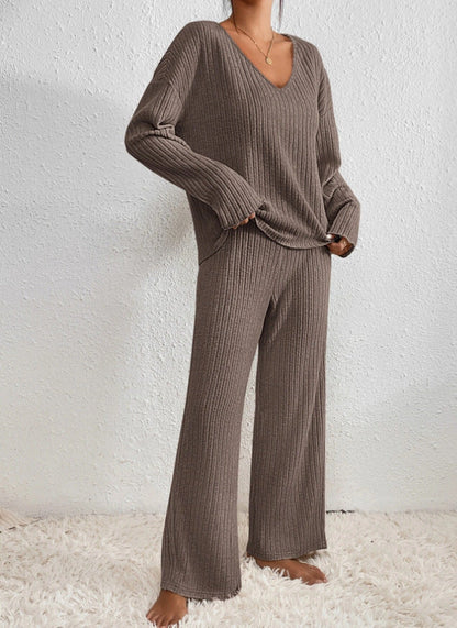 Geribbelde 2-Delige Dames Set - Geribbelde Stof - V-Hals Trui - Relaxed Fit