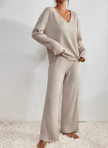 Geribbelde 2-Delige Dames Set - Geribbelde Stof - V-Hals Trui - Relaxed Fit
