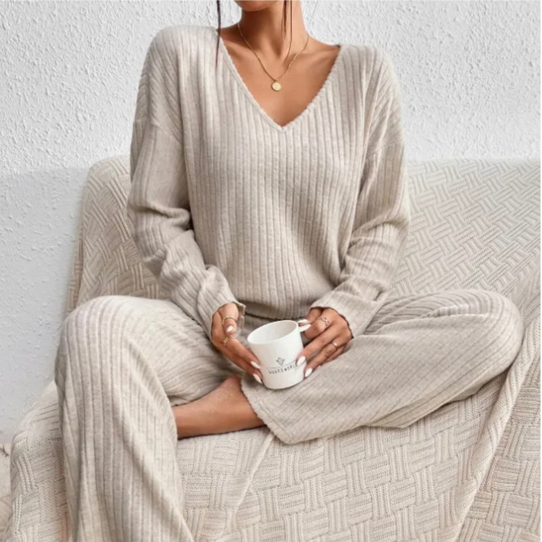 Geribbelde 2-Delige Dames Set - Geribbelde Stof - V-Hals Trui - Relaxed Fit