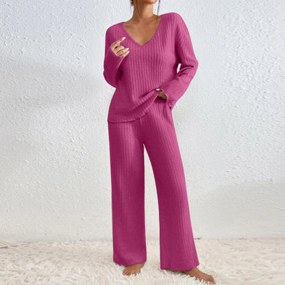 Geribbelde 2-Delige Dames Set - Geribbelde Stof - V-Hals Trui - Relaxed Fit
