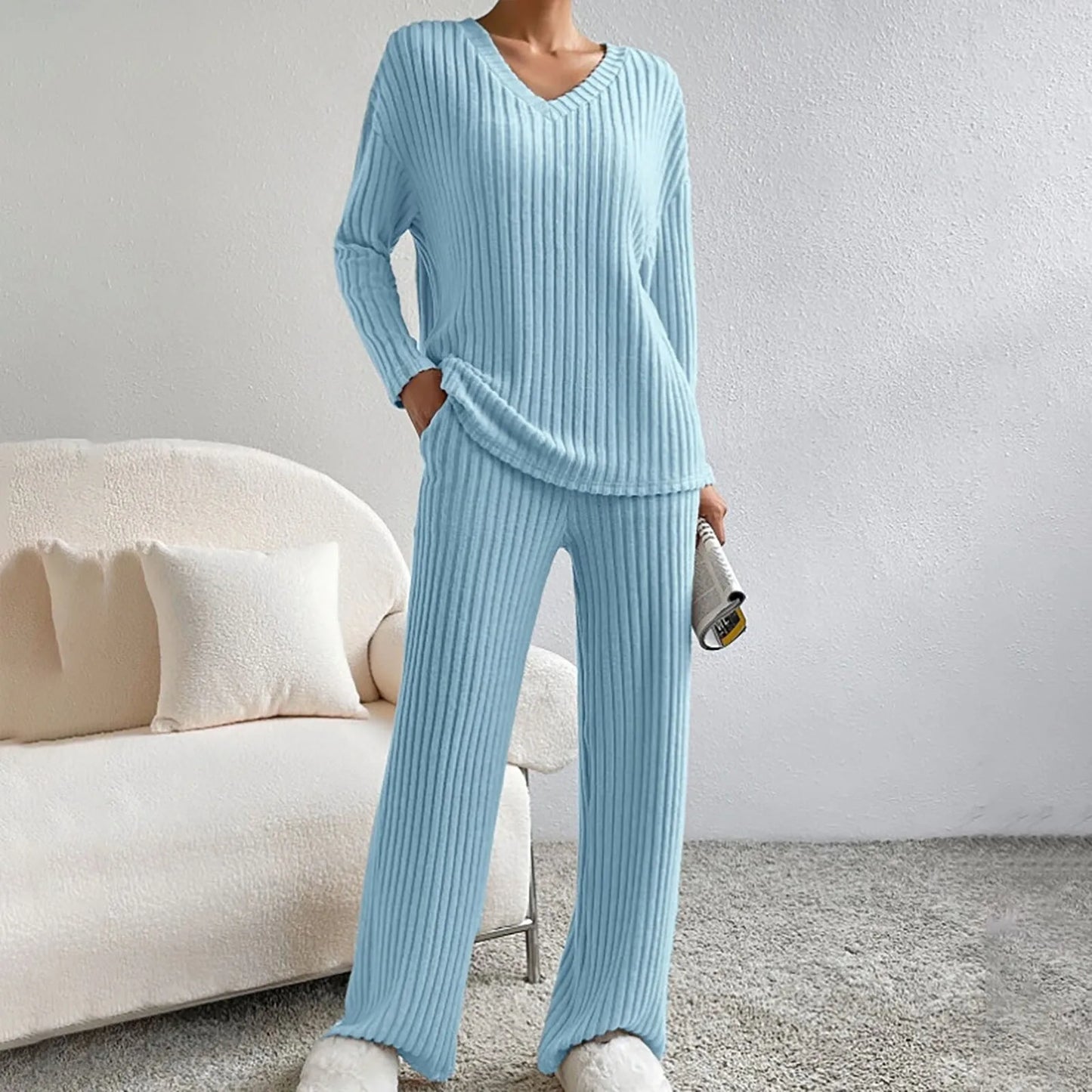 Geribbelde 2-Delige Dames Set - Geribbelde Stof - V-Hals Trui - Relaxed Fit