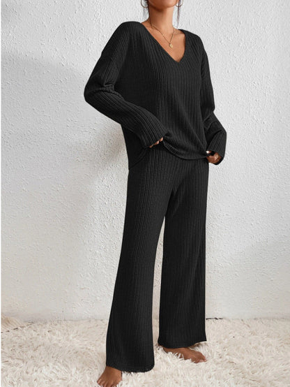 Geribbelde 2-Delige Dames Set - Geribbelde Stof - V-Hals Trui - Relaxed Fit
