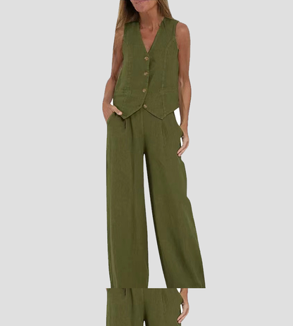 Dames Set - Geknoopt Vest - Brede Pantalon - Elegante Uitstraling