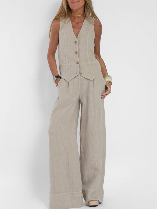 Dames Set - Geknoopt Vest - Brede Pantalon