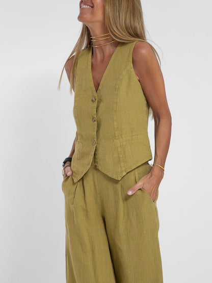 Dames Set - Geknoopt Vest - Brede Pantalon - Elegante Uitstraling