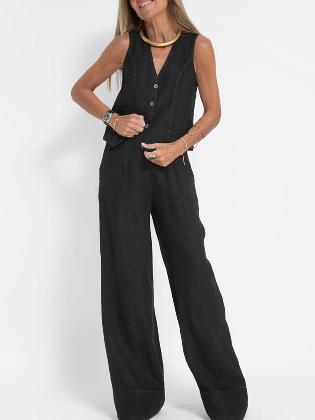 Dames Set - Geknoopt Vest - Brede Pantalon - Elegante Uitstraling