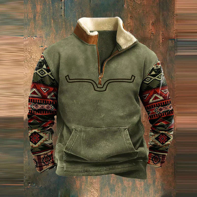 Heren Aztec Fleece Pullover | Halve Rits, Lange Mouwen, Warme Sherpa Voering, Casual Zuidwestelijke Stijl