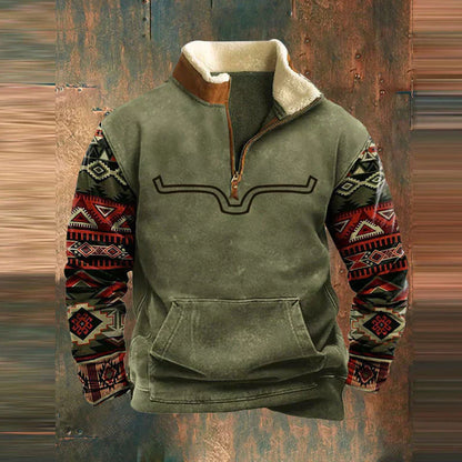 Heren Aztec Fleece Pullover | Halve Rits, Lange Mouwen, Warme Sherpa Voering, Casual Zuidwestelijke Stijl