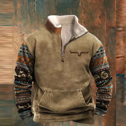 Heren Aztec Fleece Pullover | Halve Rits, Lange Mouwen, Warme Sherpa Voering, Casual Zuidwestelijke Stijl