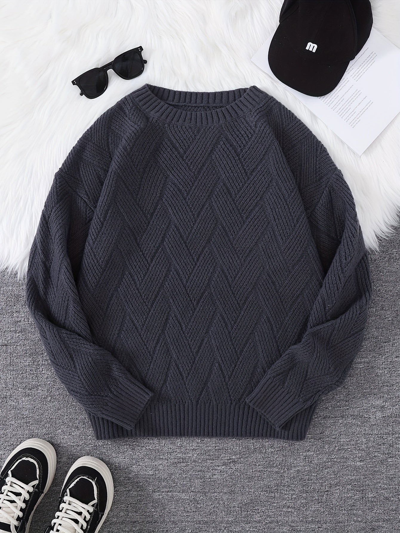 Heren Gebreide Trui | Visgraatpatroon Ronde Hals Pullover