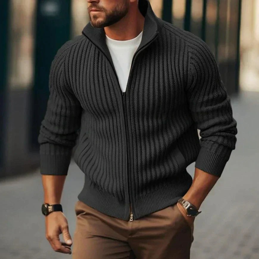 Heren Geribbelde Ritsvest | Slim-Fit Volledige Rits Cardigan voor Casual Kleding