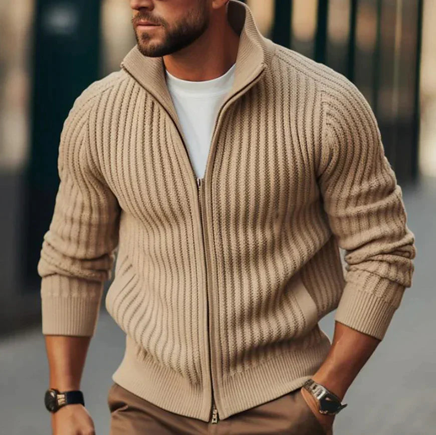 Heren Geribbelde Ritsvest | Slim-Fit Volledige Rits Cardigan voor Casual Kleding