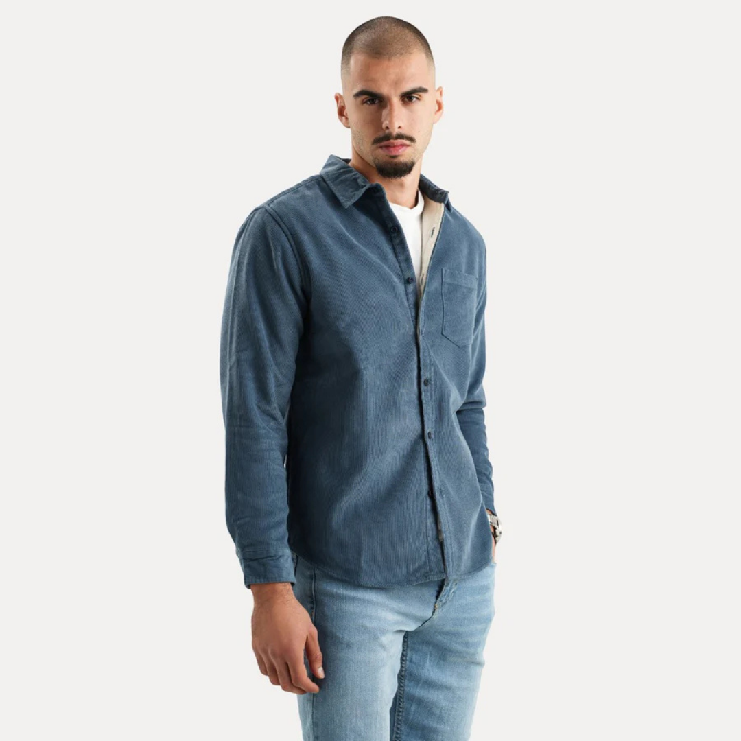 Heren V-hals Katoenen Knopshirt-1