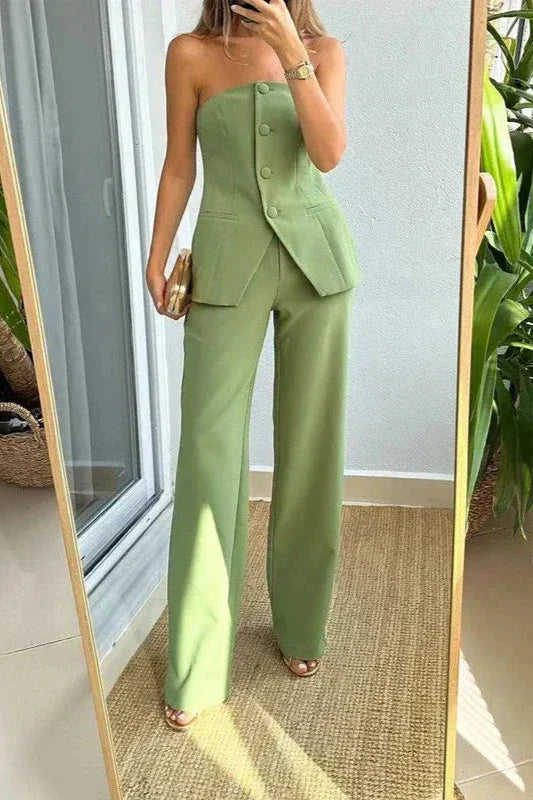 Strapless Buttoned Two-Piece Set for Effortless Style and Comfort