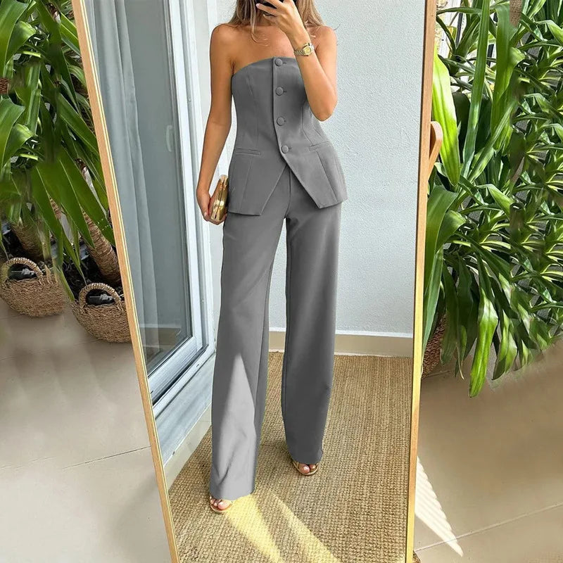 Strapless Buttoned Two-Piece Set for Effortless Style and Comfort