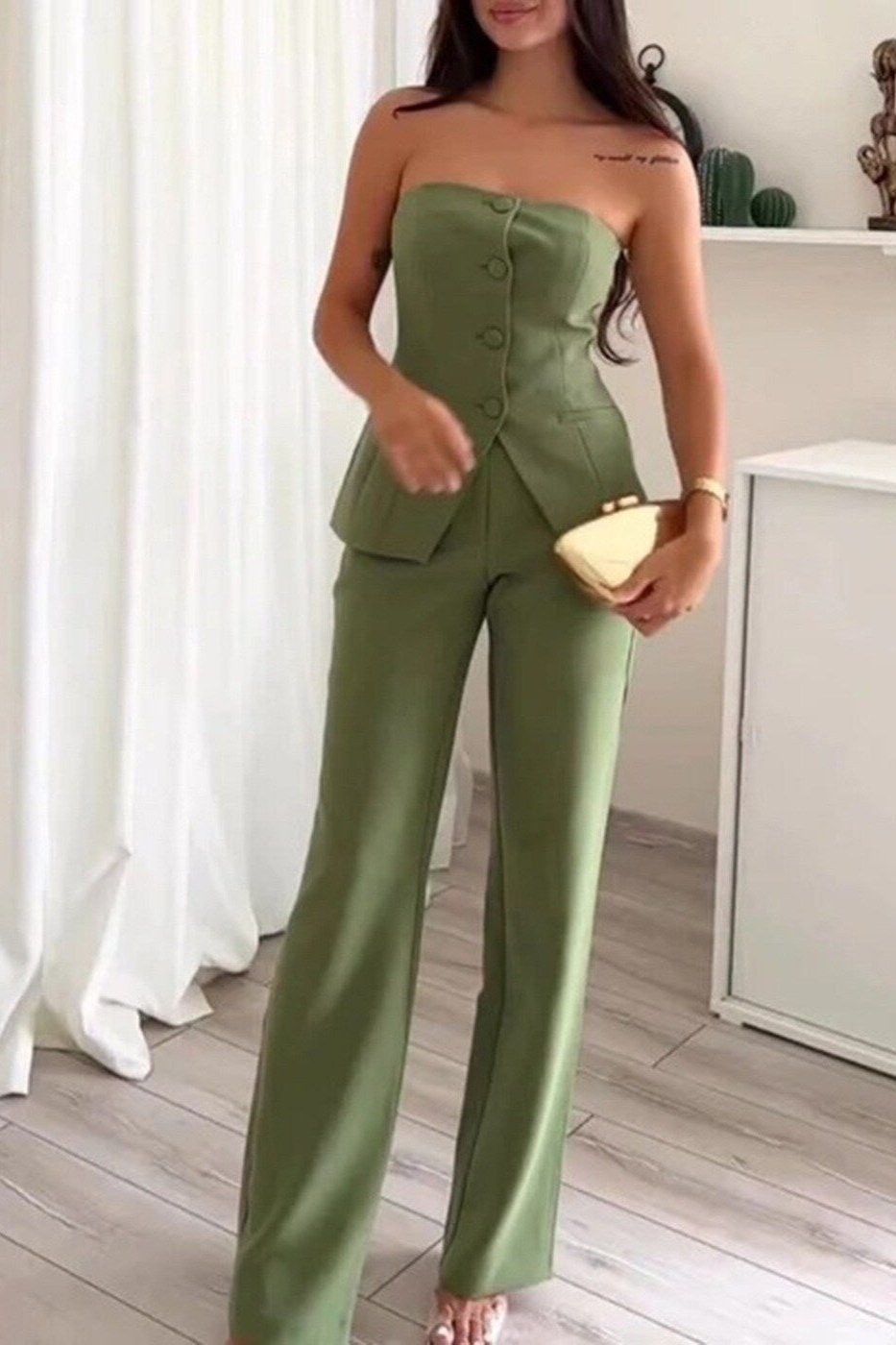 Strapless Buttoned Two-Piece Set for Effortless Style and Comfort