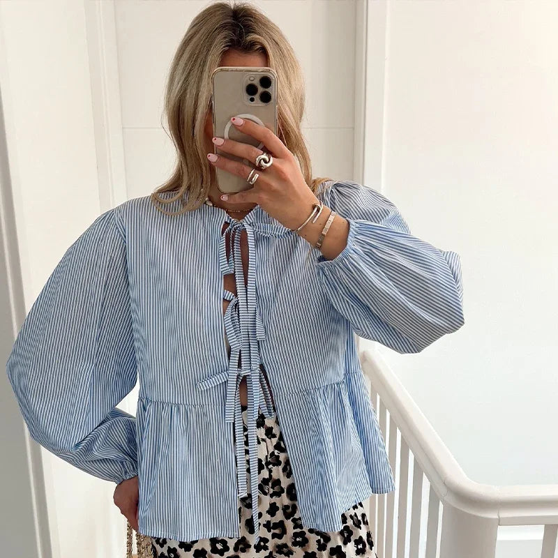 Dames Blouse – Elegante strepen – Verstelbare sluiting – Veelzijdige stijl