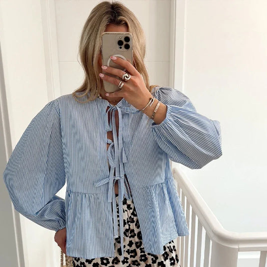 Dames Blouse – Elegante strepen – Verstelbare sluiting – Veelzijdige stijl