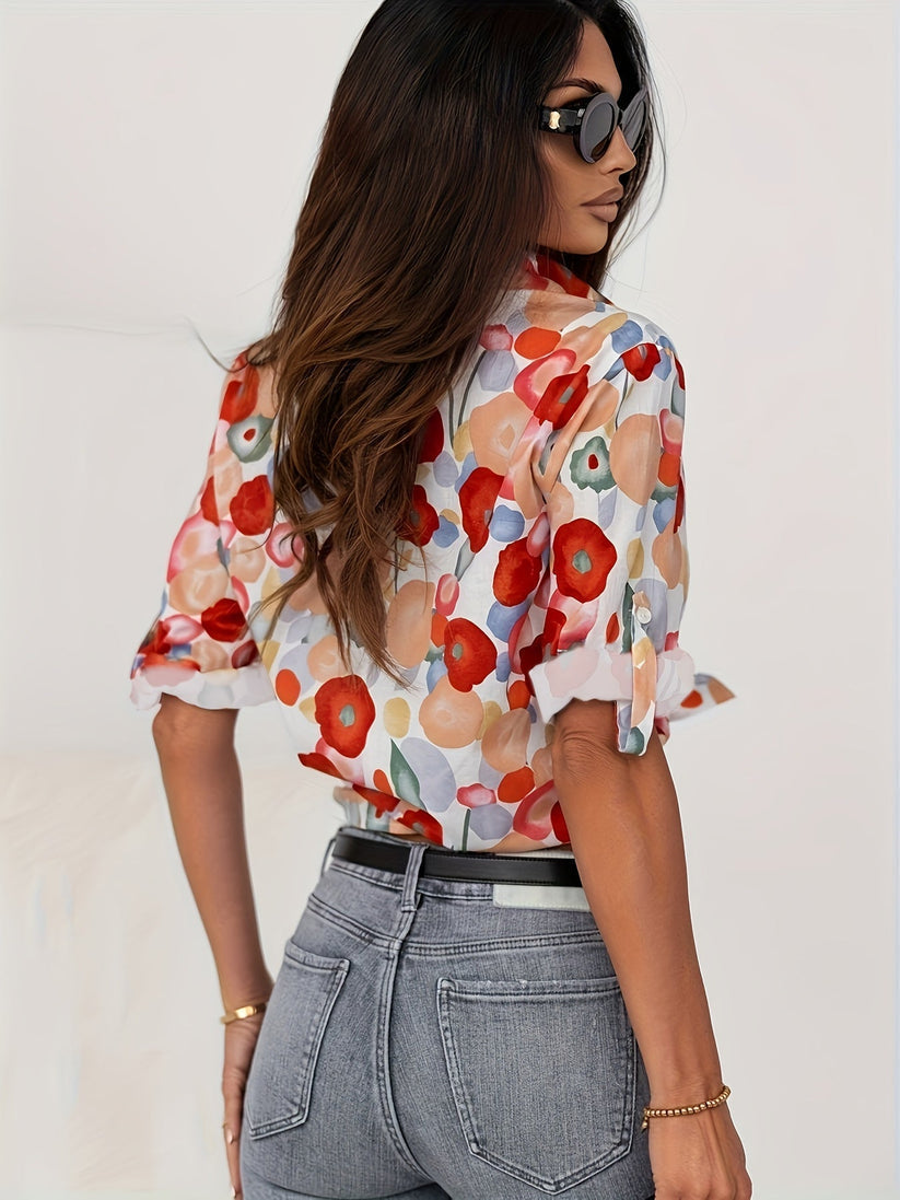 Vrouwen Bloemen Blouse Met Knoop-4