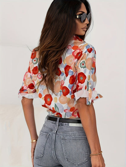 Vrouwen Bloemen Blouse Met Knoop-4
