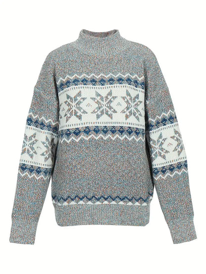 Winter Gebreide Trui met Noors Sneeuwvlokpatroon | Warme Hoge Hals Pullover