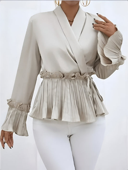 Witte Dames Blouse Lange Mouw Plooien-1