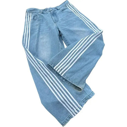 Y2K Hooggetailleerde Baggy Blauwe Jeans | Retro Gestreepte Casual Spijkerbroek