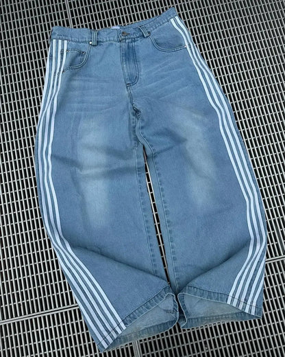 Y2K Hooggetailleerde Baggy Blauwe Jeans | Retro Gestreepte Casual Spijkerbroek