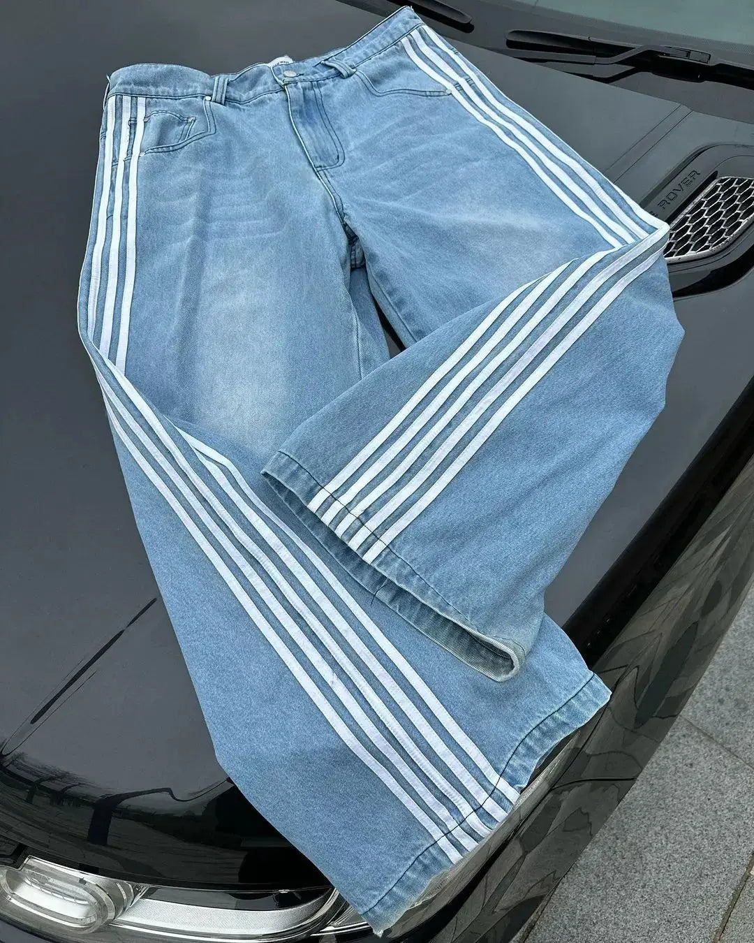 Y2K Hooggetailleerde Baggy Blauwe Jeans | Retro Gestreepte Casual Spijkerbroek